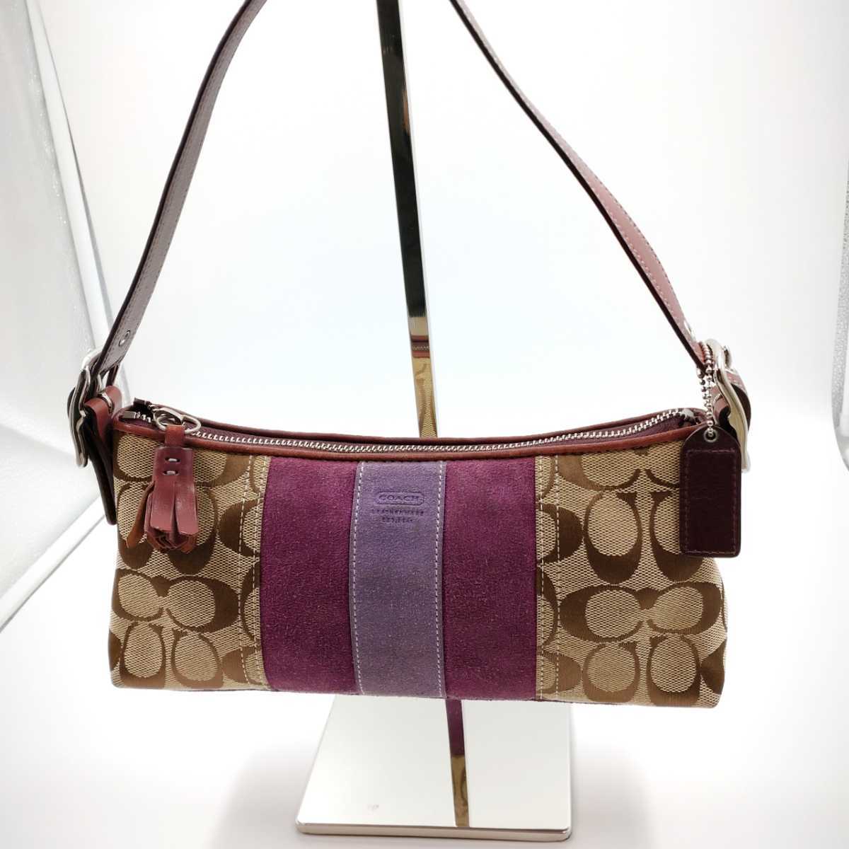 COACH コーチ シグネチャー アクセサリーポーチ ミニハンドバッグ パープル 送料無料 美品 COACH コーチ シグネチャー キャンバス×レザー