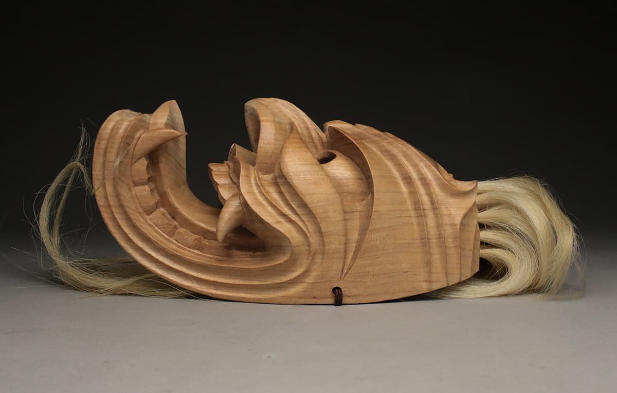 UR786 【中原恵峰 作】佐賀伝統工芸 木彫「浮立面」縦14.9cm 重760g 共