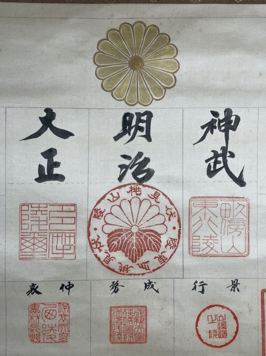 A-181掛軸 絹本 共箱 藤井邦太郎肉筆年号【皇陵御譜】御陵巡拝朱印 