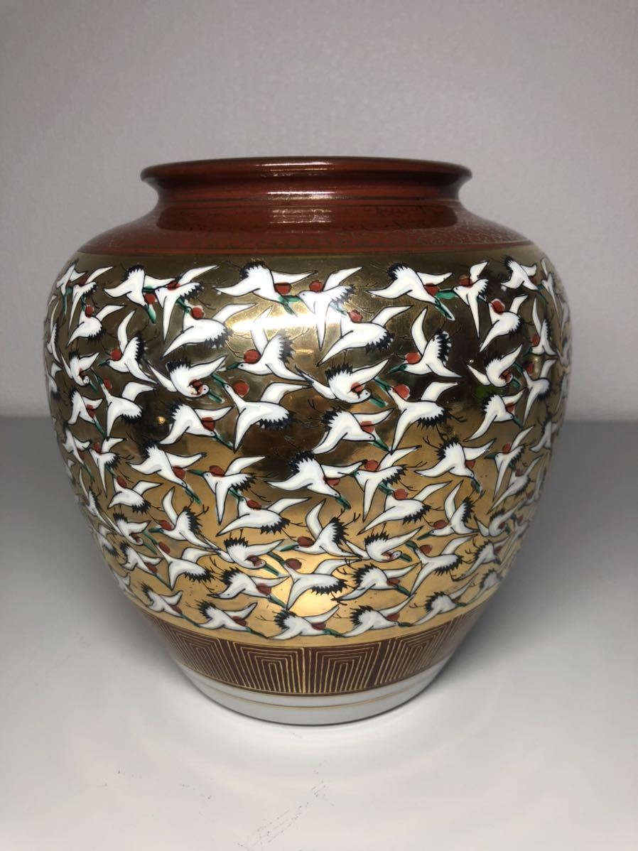 九谷焼 花瓶 金彩 壺 花器 色絵 九谷 骨董品 共箱 壷 鶴 骨董 飾壺