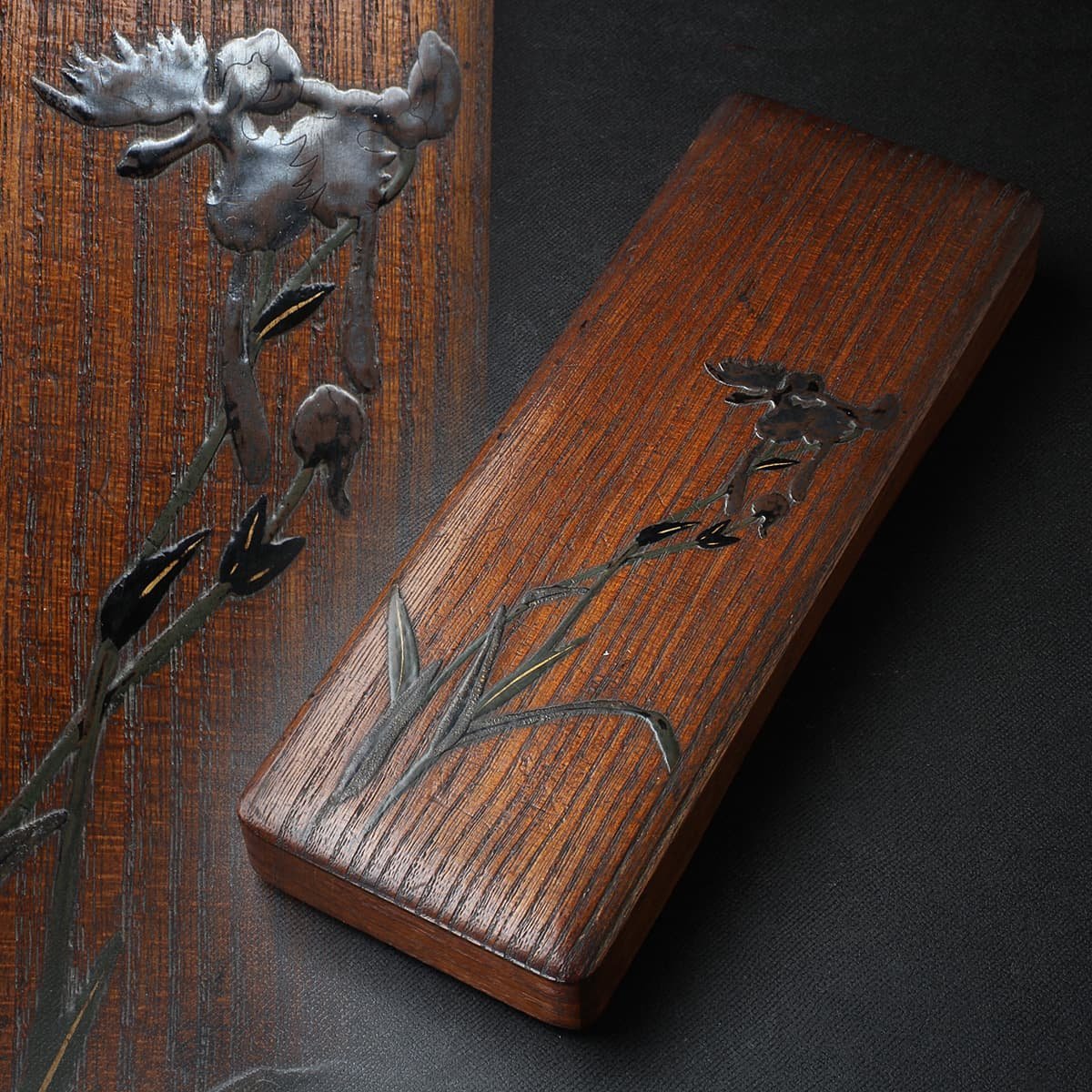 HV484 時代物 木造 鷺草蒔絵長方硯箱 一式 縦22.9cm(水滴/硯/筆置付 