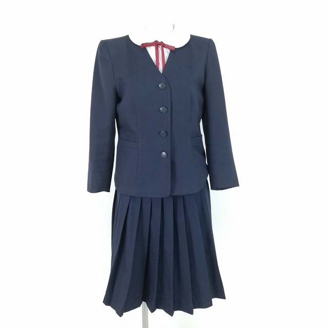 1円 イートン スカート 紐タイ 等 上下4点セット 冬物 長袖 女子 学生服 中学 高校 紺 制服 中古 ランクC EY7036_1