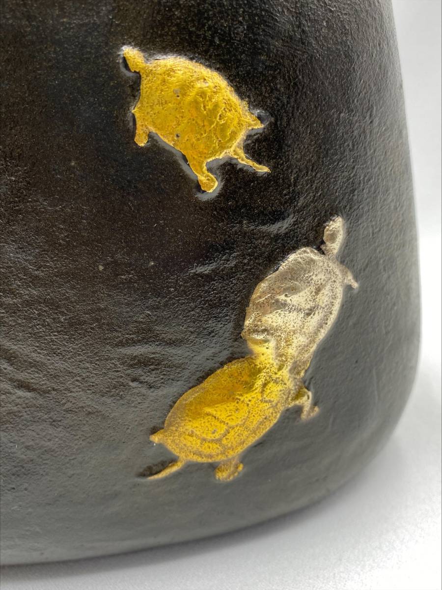 L21029 高岡銅器 鳳山作 金銀双鶴亀花瓶 銅花瓶 花器 鋳銅 山本鳳山 共