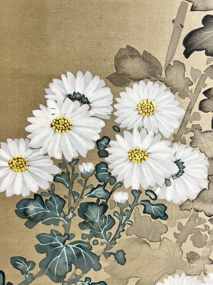 【真作】村田玉田/菊花双雀図/花鳥図/菊に雀図/掛軸/名家伝来/AD-199 仏陀] 喜田華堂「菊花飛雀図」絹本 肉筆 合箱 花鳥図 鳥獣 花図 日本画