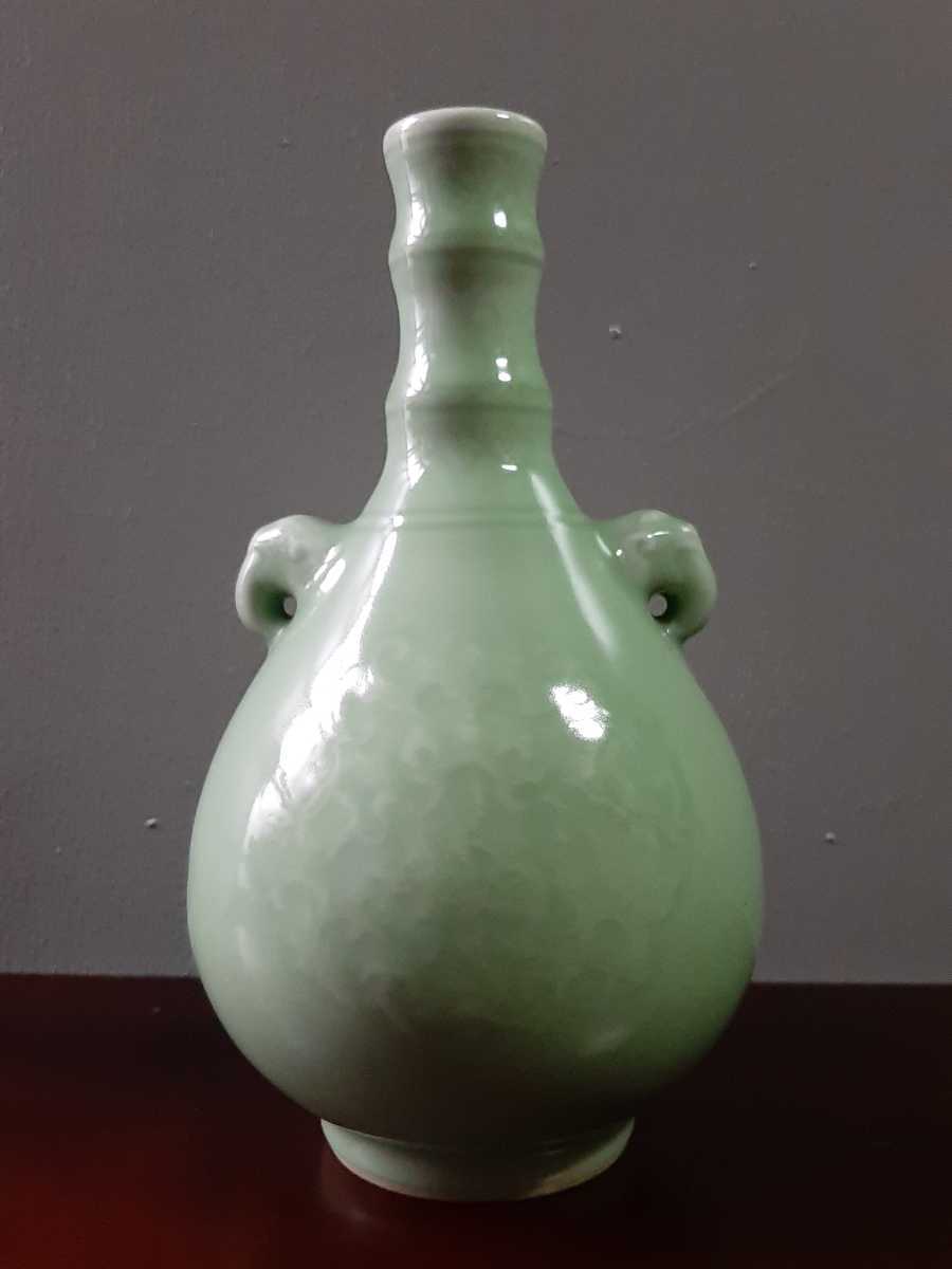 大清乾隆年製 浮文 双耳 青磁 花器 花瓶 h24cm /中国美術 古玩 茶道具