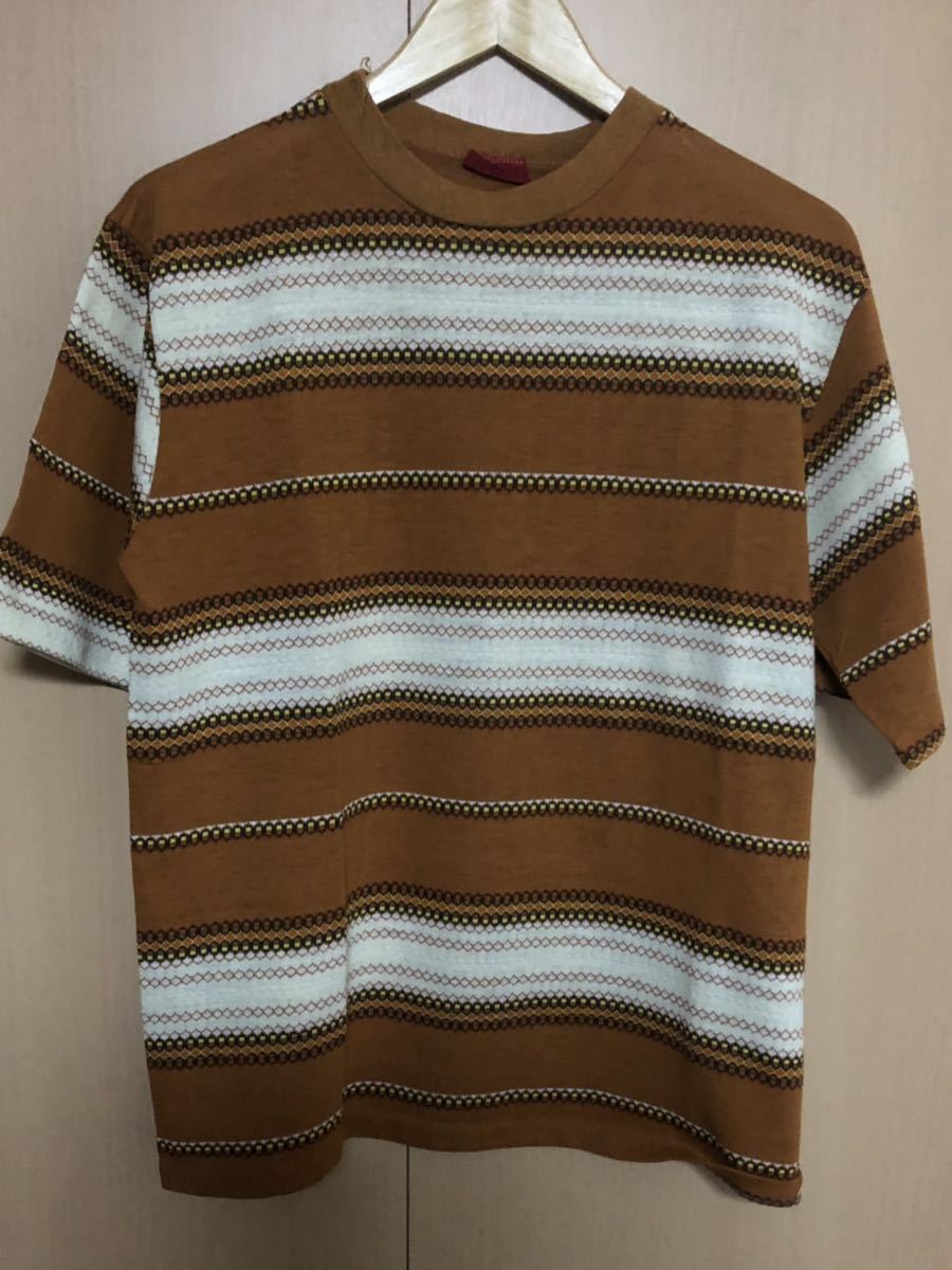 50s 60s 70s 80s Sears シアーズ ビンテージ ジャガード ボーダー Tシャツ USA製 アメリカ製 ブラウン