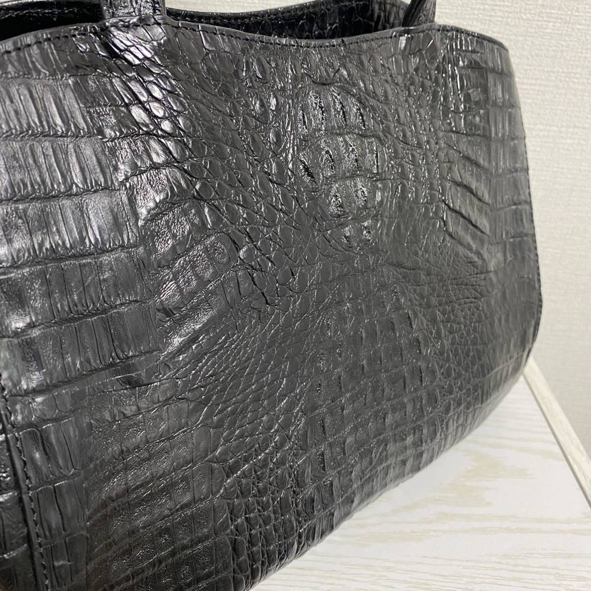 1円 美品 カイマン クロコダイル ワニ革 レザー 本物 ショルダー 