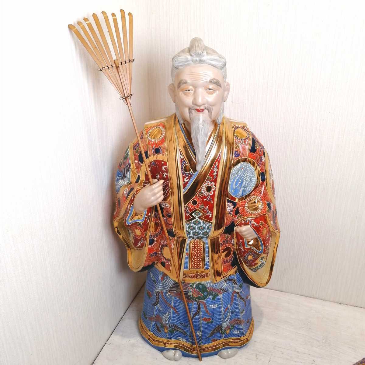 i□ 九谷焼 高砂 盛 20号 人形 特大 陶器人形 八幡窯金彩 盛絵 縁起物 