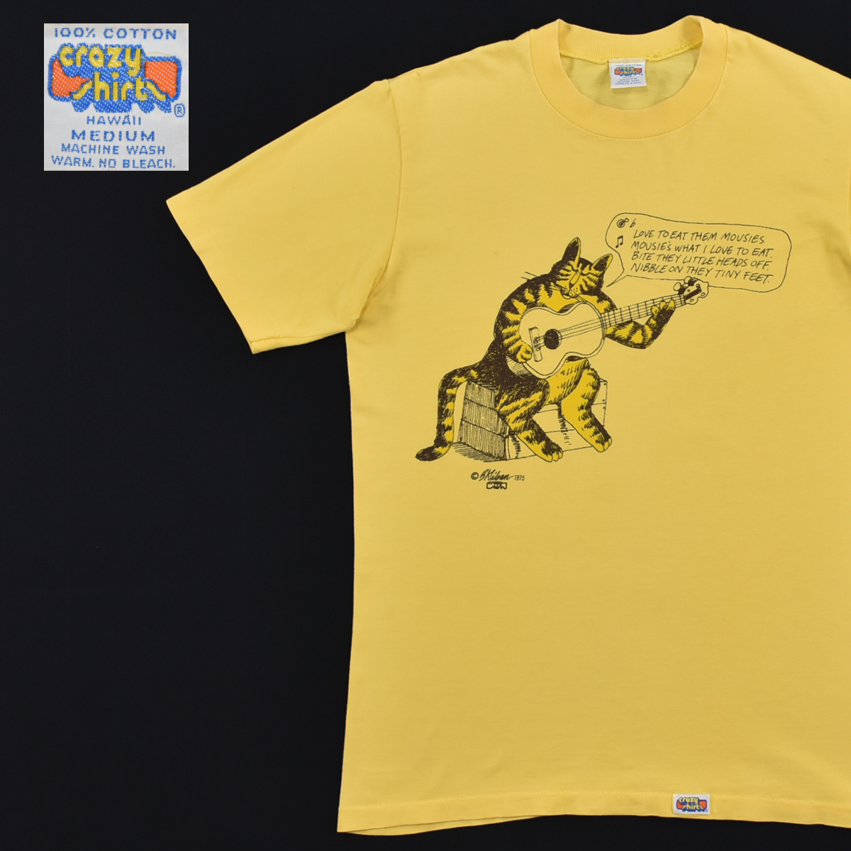 送料300円│crazy shirts クレイジーシャツ ★ 70s ヴィンテージ クリバンキャット 猫 プリント 半袖 Tシャツ 黄色 メンズ M