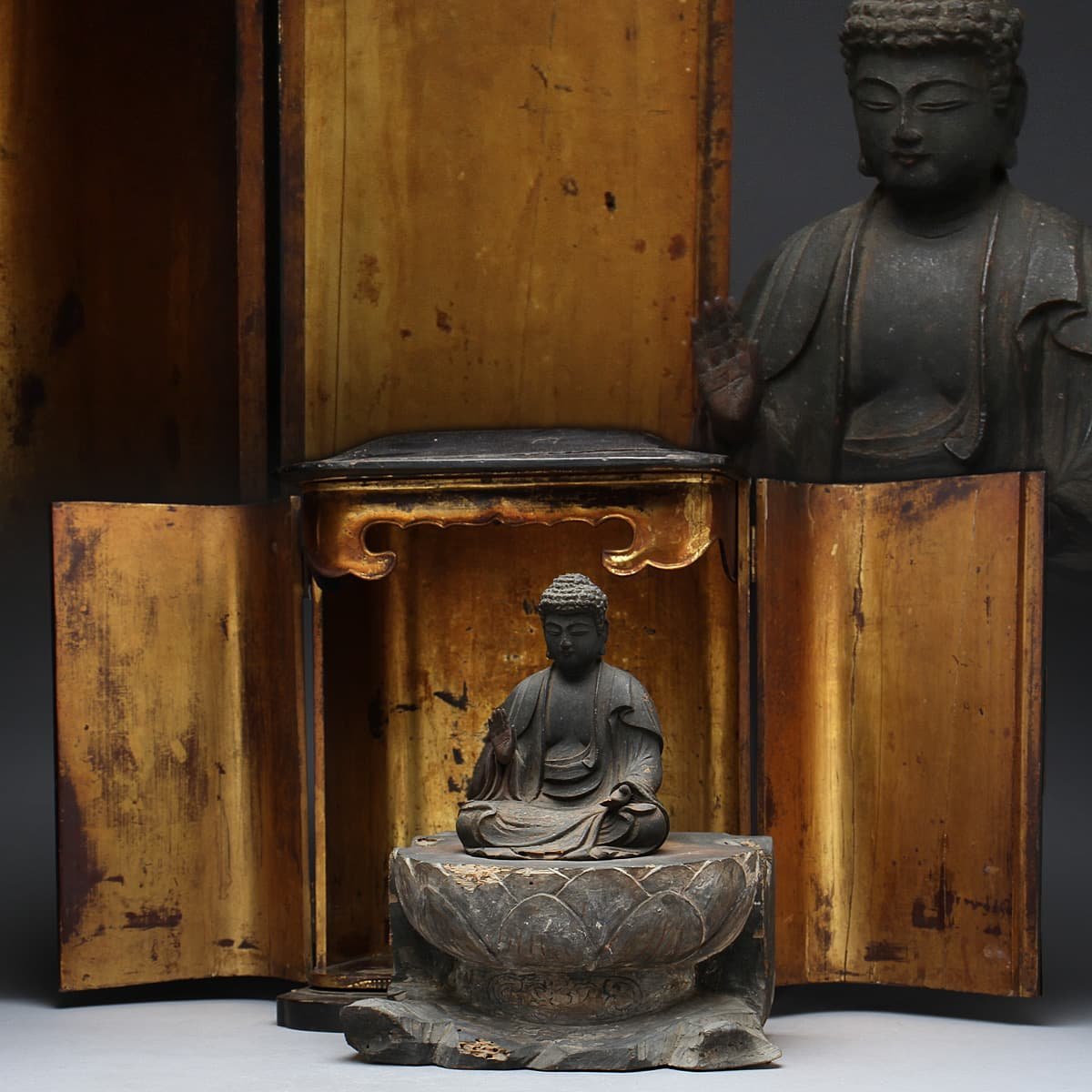 ED306 時代物 黒内漆箔厨子 木造釈迦如来坐像 全高25cm/仏高15.2cm