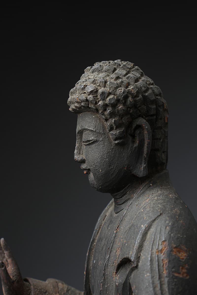 ED306 時代物 黒内漆箔厨子 木造釈迦如来坐像 全高25cm/仏高15.2cm