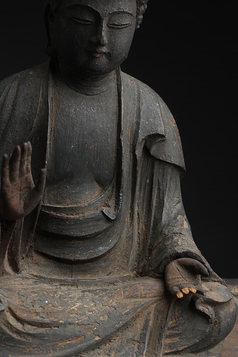 ED306 時代物 黒内漆箔厨子 木造釈迦如来坐像 全高25cm/仏高15.2cm