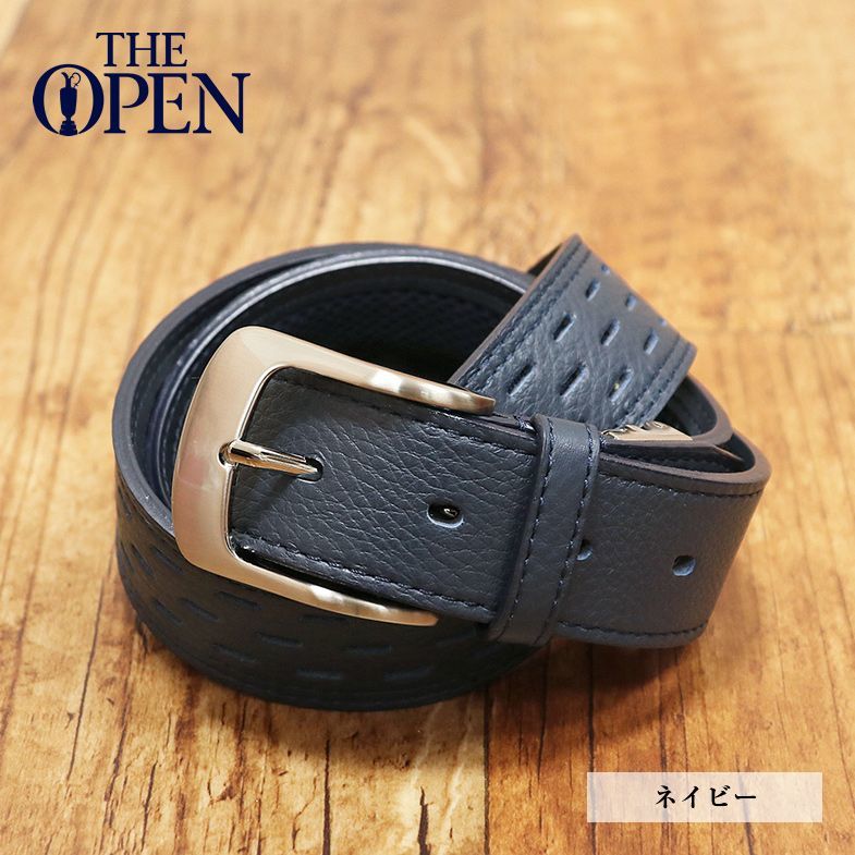 THE OPEN/50(L)サイズ/国産レザーベルト 吸汗速乾 放湿 ロインコントロール メッシュ地 全英オープン刻印 64300 新品/紺/ネイビー/ed396/