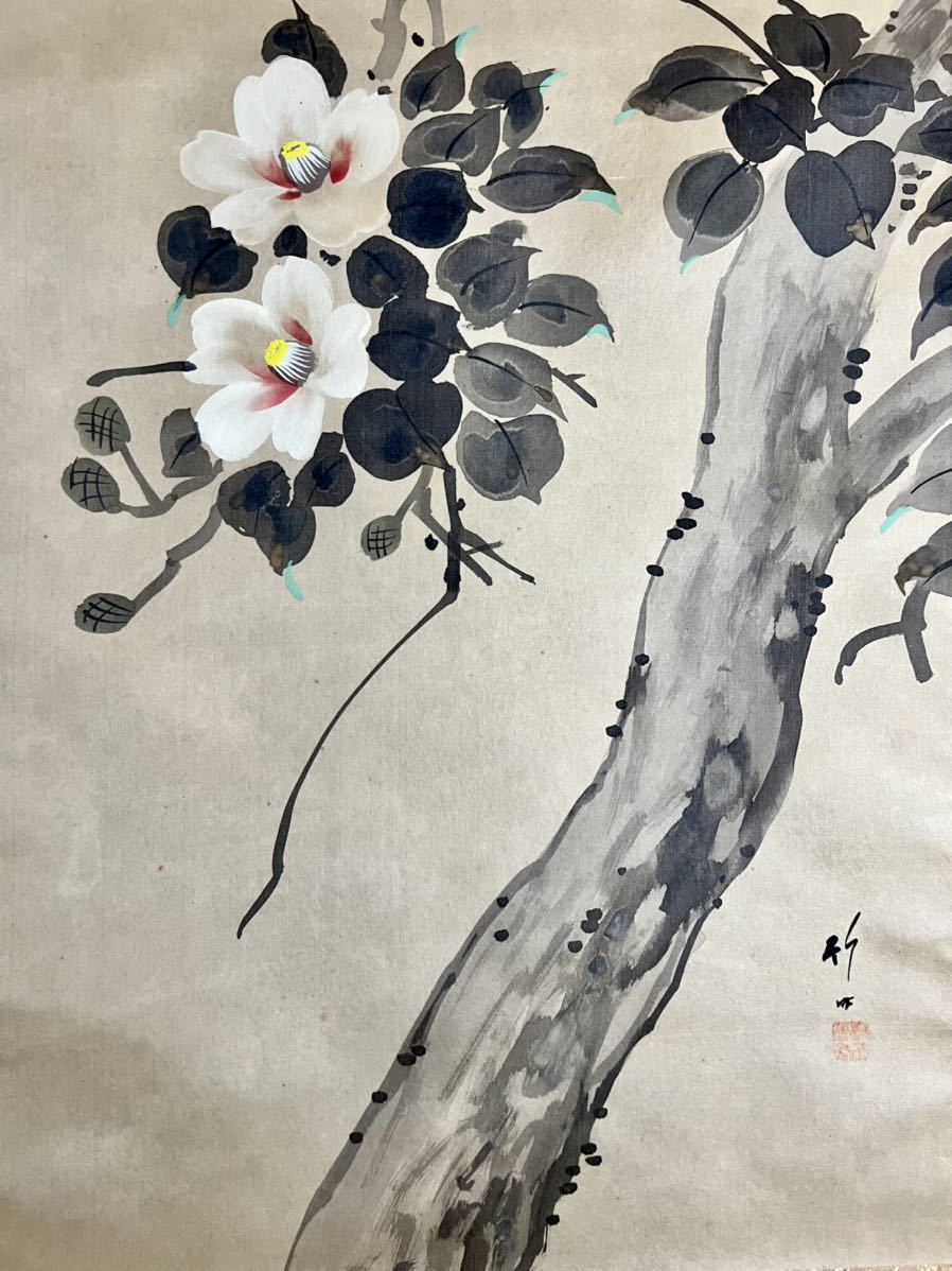 仏陀] 在銘「椿小禽図」絹本 肉筆 合箱 花鳥図 鳥獣 花図 日本画 絵画