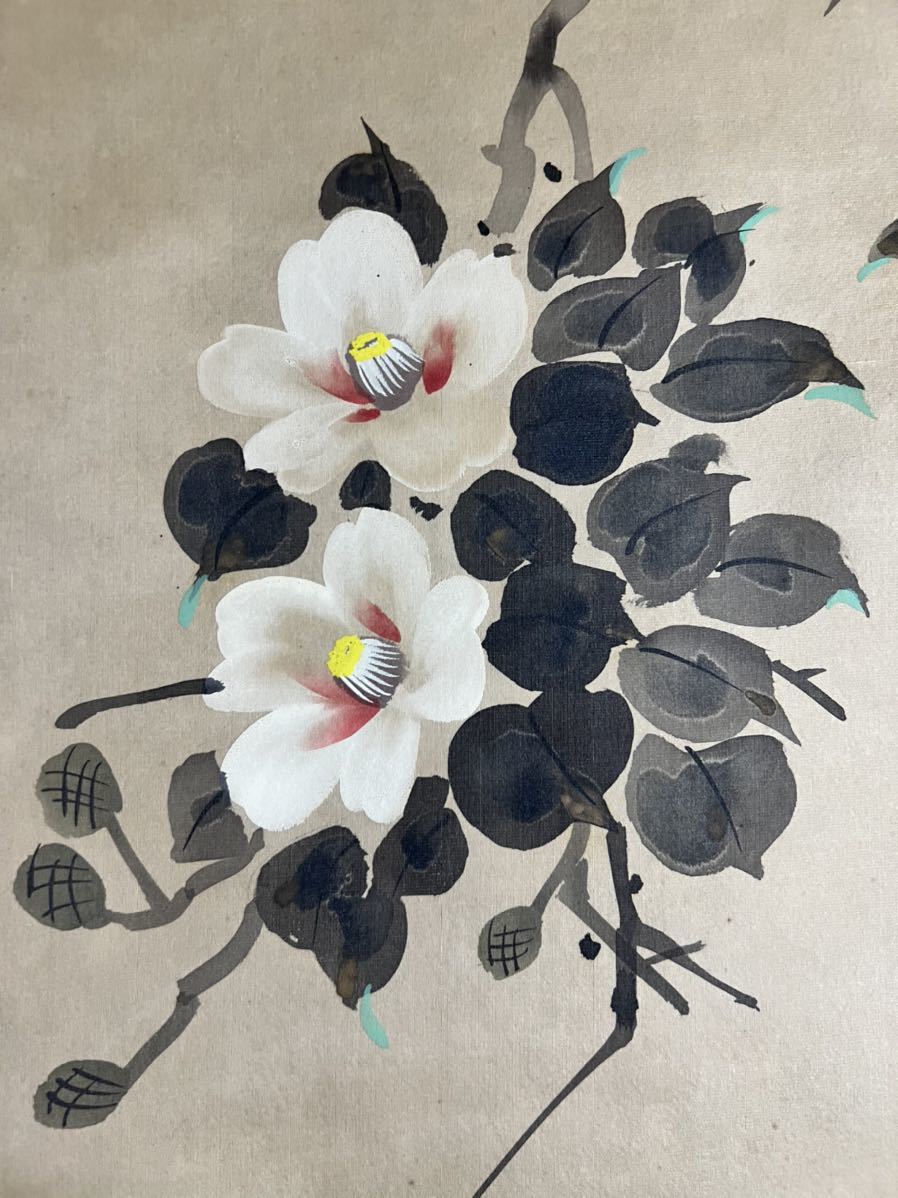 仏陀] 在銘「椿小禽図」絹本 肉筆 合箱 花鳥図 鳥獣 花図 日本画 絵画