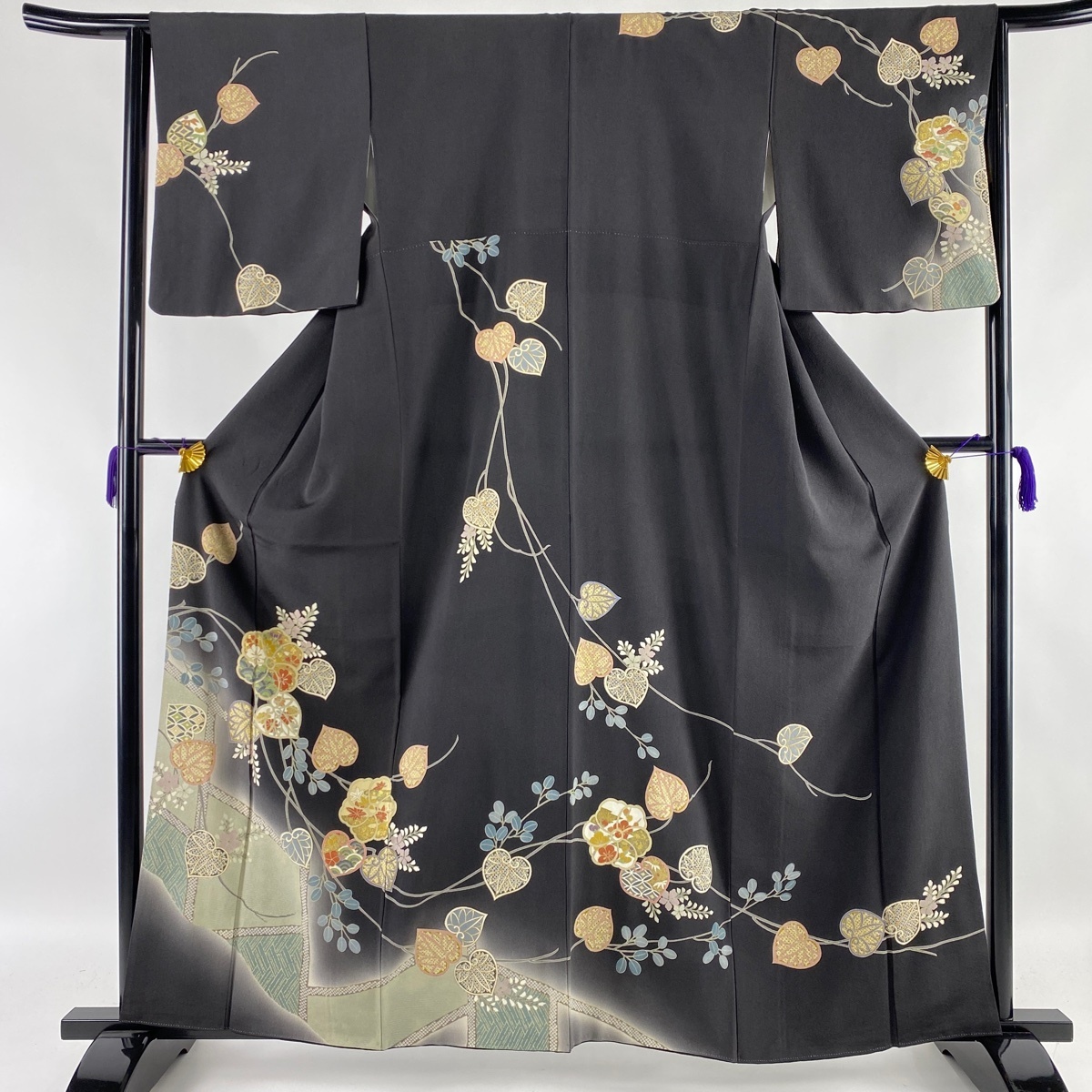 訪問着 名品 草花 金彩 ぼかし 墨色 袷 161cm 65cm M 正絹 【中古