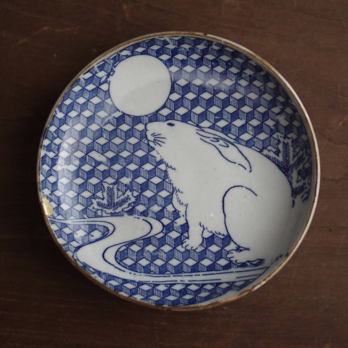 骨董 古伊万里 印判 図変わり印判 蕎麦猪口 うさぎ □古伊万里 / 波