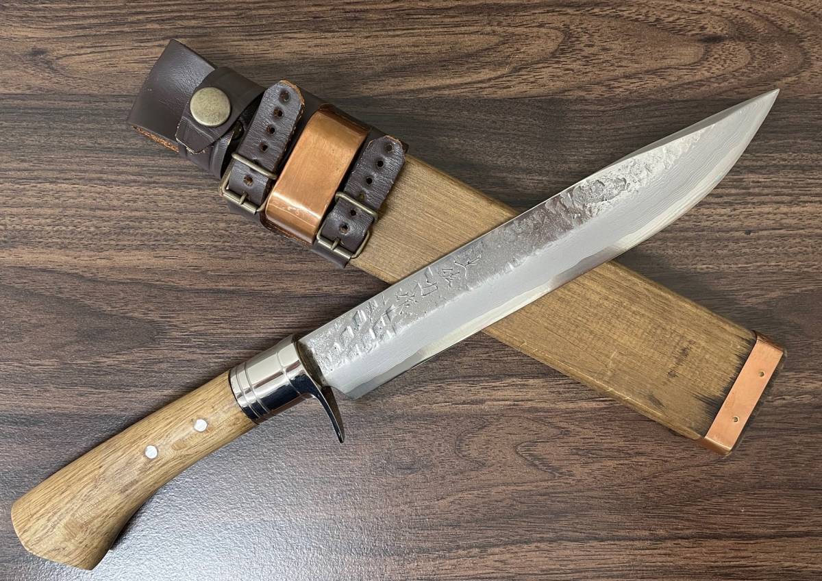 剣鉈210mm 土佐鉈 銘あり 鋼付 両刃 和式刃物 木鞘付き(ナイフ 