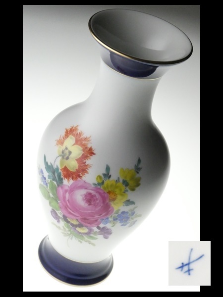 N392 Meissen マイセン コバルト フラワーブーケ 5つ花 ベース 花瓶 飾 