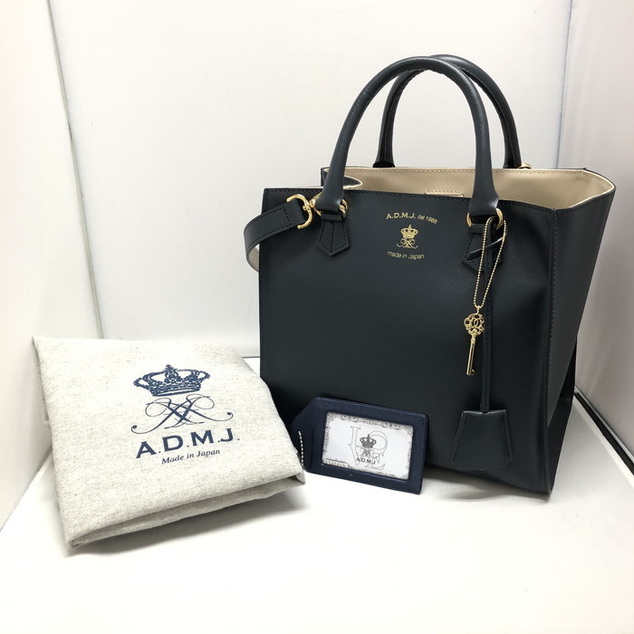 超美品A.D.M.J 2WAYトートーバッグ ゴールド金具 レザー ネイビー [jgg]