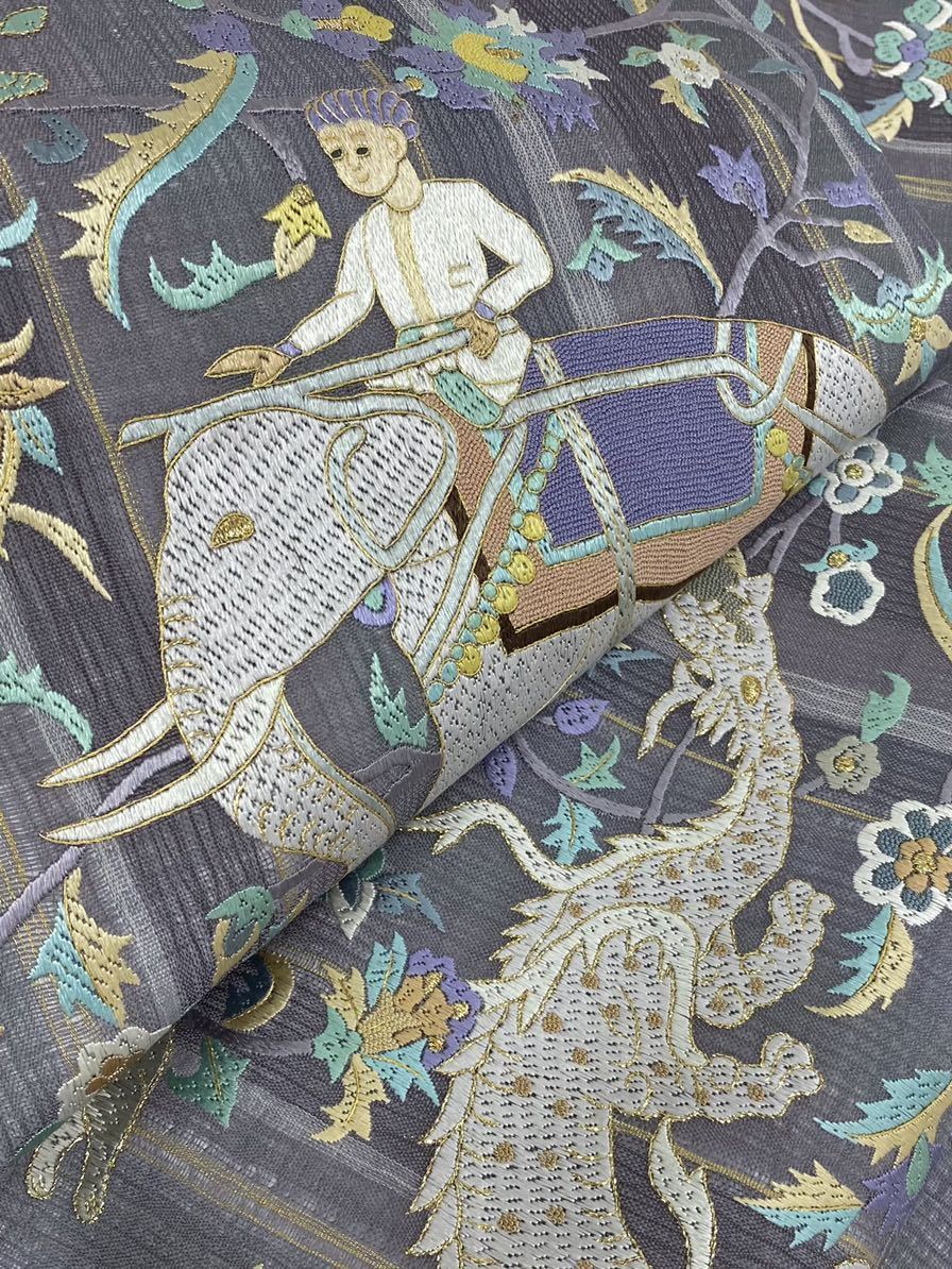 狩猟文 蘇州刺繍 相良刺繍 象 龍 動物 袋帯 金糸 軽い透け感 正絹 お太鼓柄 蘇州刺繍 相良刺繍 袋帯 黒留袖 着物 金箔ブランド