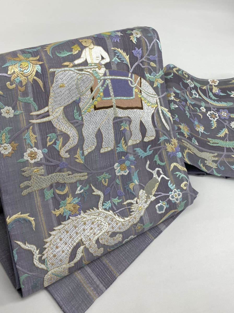 狩猟文 蘇州刺繍 相良刺繍 象 龍 動物 袋帯 金糸 軽い透け感 正絹 お太鼓柄 蘇州刺繍 相良刺繍 袋帯 黒留袖 着物 金箔ブランド
