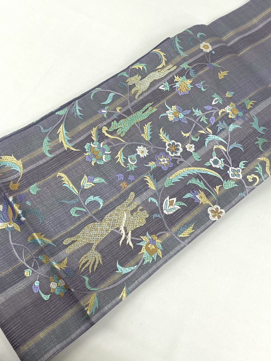 狩猟文 蘇州刺繍 相良刺繍 象 龍 動物 袋帯 金糸 軽い透け感 正絹 お太鼓柄 蘇州刺繍 相良刺繍 袋帯 黒留袖 着物 金箔ブランド