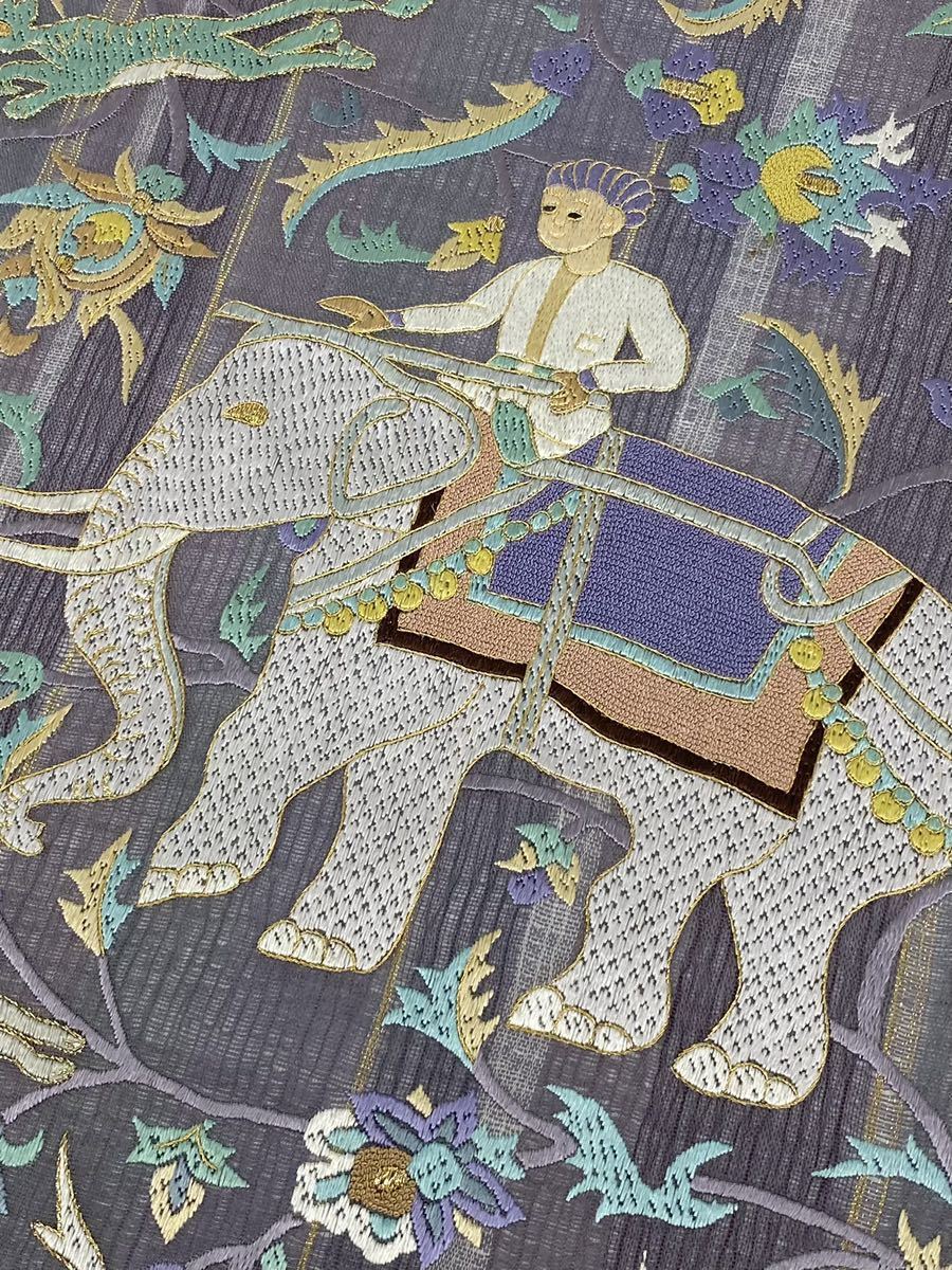 狩猟文 蘇州刺繍 相良刺繍 象 龍 動物 袋帯 金糸 軽い透け感 正絹 お太鼓柄 蘇州刺繍 相良刺繍 袋帯 黒留袖 着物 金箔ブランド