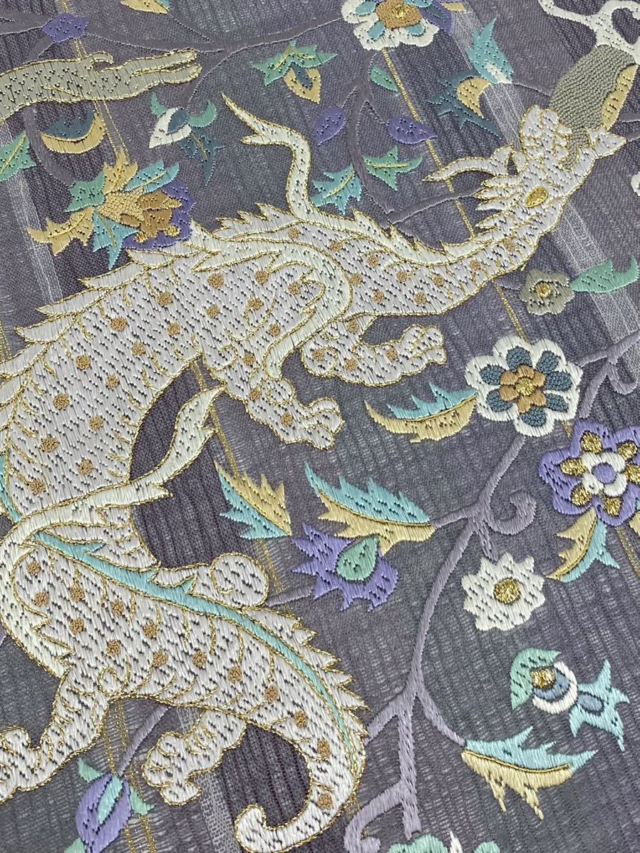 狩猟文 蘇州刺繍 相良刺繍 象 龍 動物 袋帯 金糸 軽い透け感 正絹 お太鼓柄 蘇州刺繍 相良刺繍 袋帯 黒留袖 着物 金箔ブランド