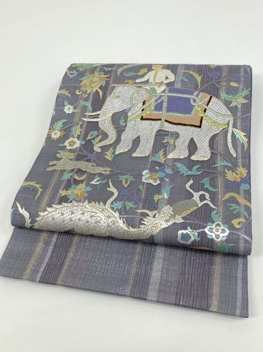 狩猟文 蘇州刺繍 相良刺繍 象 龍 動物 袋帯 金糸 軽い透け感 正絹 お太鼓柄 蘇州刺繍 相良刺繍 袋帯 黒留袖 着物 金箔ブランド