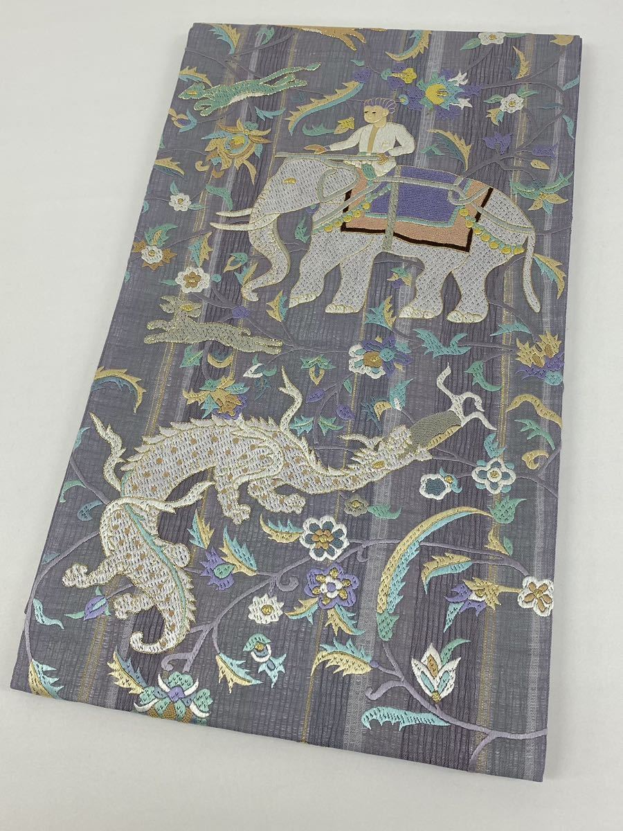 狩猟文 蘇州刺繍 相良刺繍 象 龍 動物 袋帯 金糸 軽い透け感 正絹 お太鼓柄 蘇州刺繍 相良刺繍 袋帯 黒留袖 着物 金箔ブランド