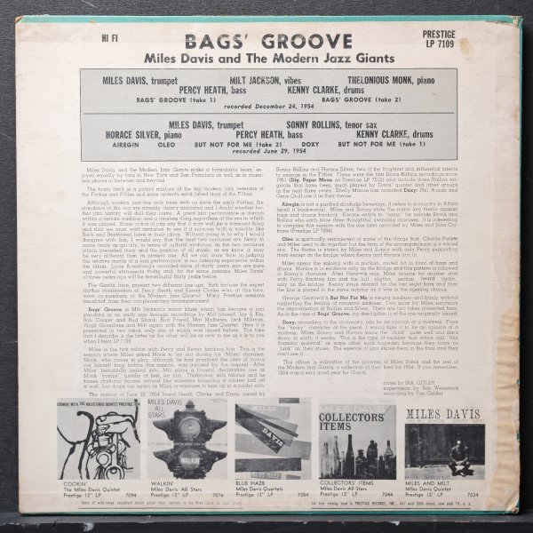 米オリジナル MILES DAVIS 両溝 MONO盤 RVG刻印 BAGS' GROOVE マイルスデイヴィス PRESTIGE 名盤
