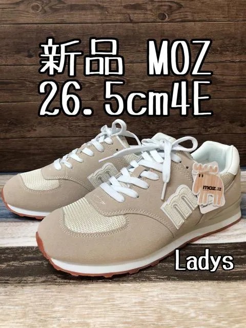 新品☆レディス26.5㎝幅広4E♪MOZモズ♪ベージュ系♪ロゴスニーカー♪☆c354