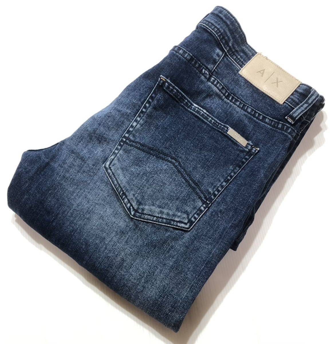 ■ A/X ARMANI EXCHANGE アルマーニ エクスチェンジ ■ ユーズド 色落ち クラッシュ リペア加工 ストレッチ インディゴデニム W34