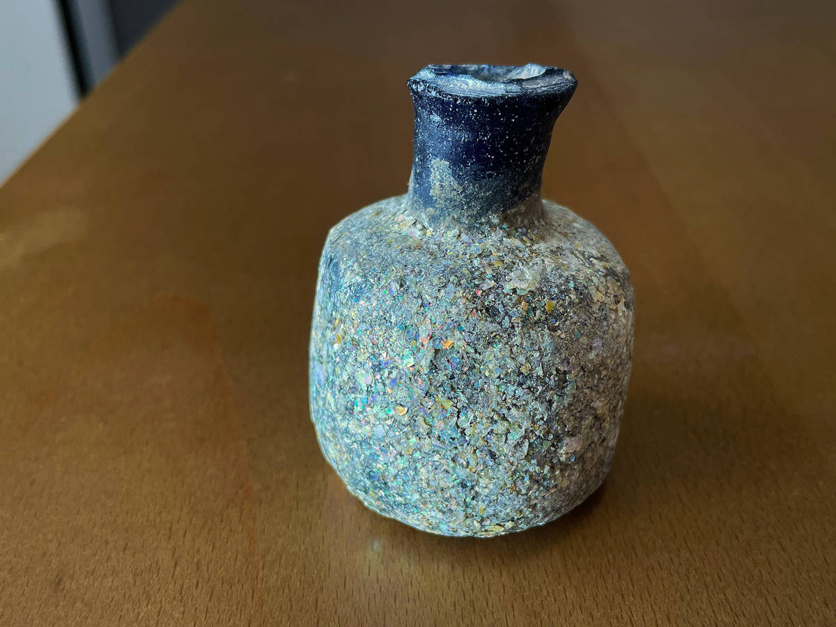 全面虹色のマイクロチップ搭載! ローマンガラス 古代ローマ期の小壺 ギラ