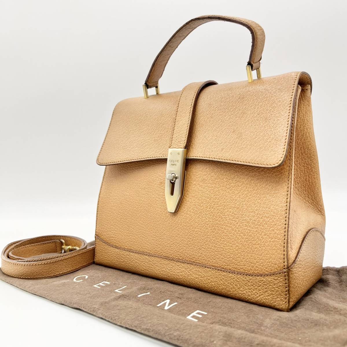 1円~ CELINE セリーヌ 2way ショルダーバッグ ターンロック ハンドバッグ ブラウン シボ革 レザー ゴールド金具 セーズ レディース  付属品