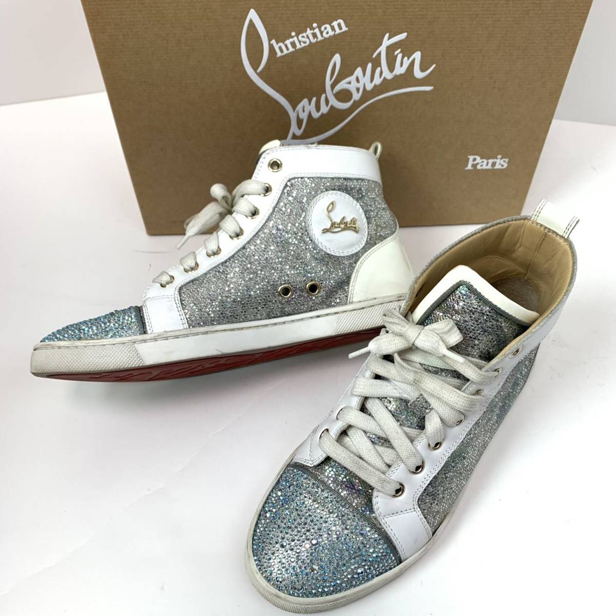 n74 Christian Louboutin クリスチャン ルブタン ハイカットスニーカー ブルー ラインストーン シルバー ラメ レザー シューズ 36 正規品 Christian Louboutin - Young! クリスチャン・ルブタン 三越