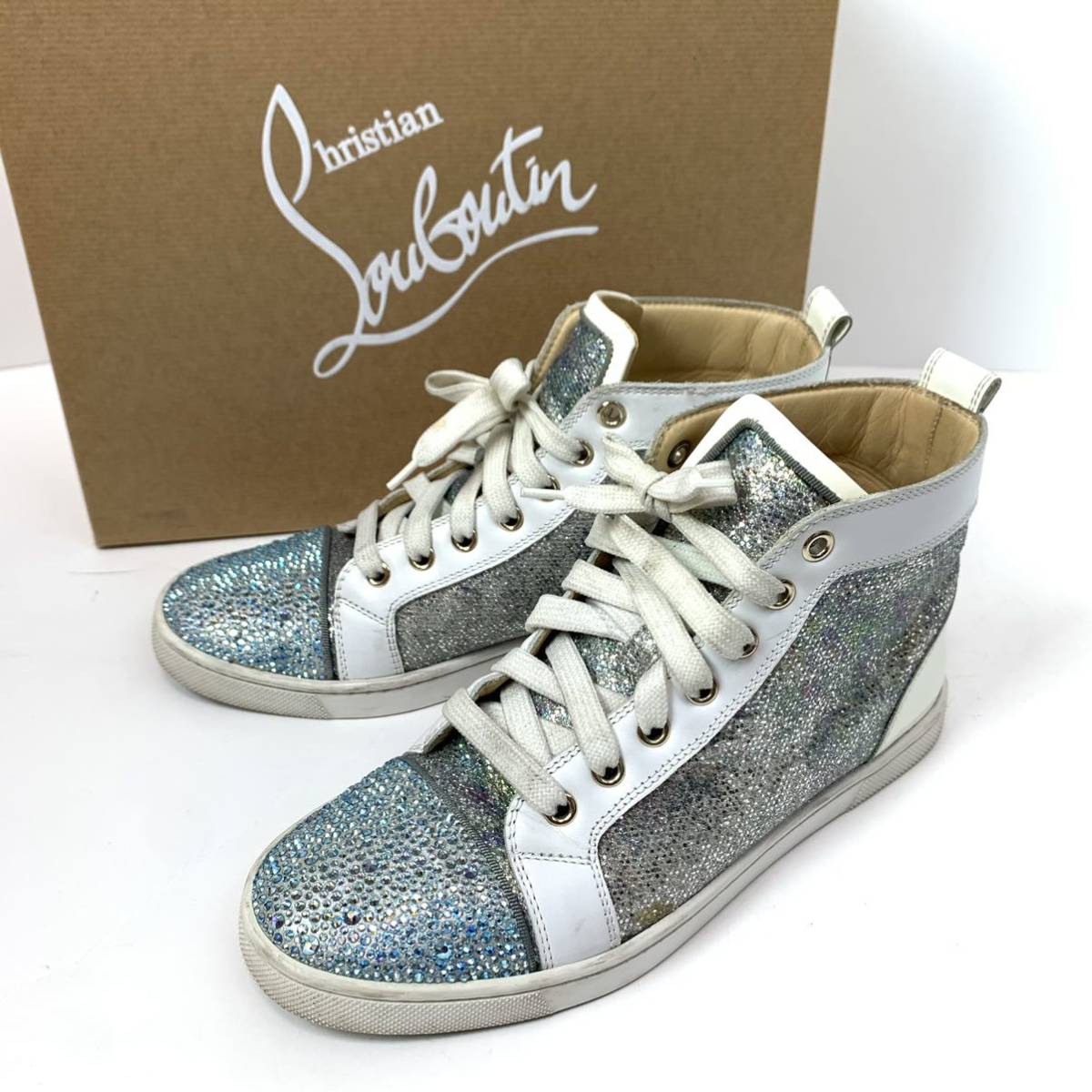 n74 Christian Louboutin クリスチャン ルブタン ハイカットスニーカー ブルー ラインストーン シルバー ラメ レザー シューズ 36 正規品 Christian Louboutin - Young! クリスチャン・ルブタン 三越