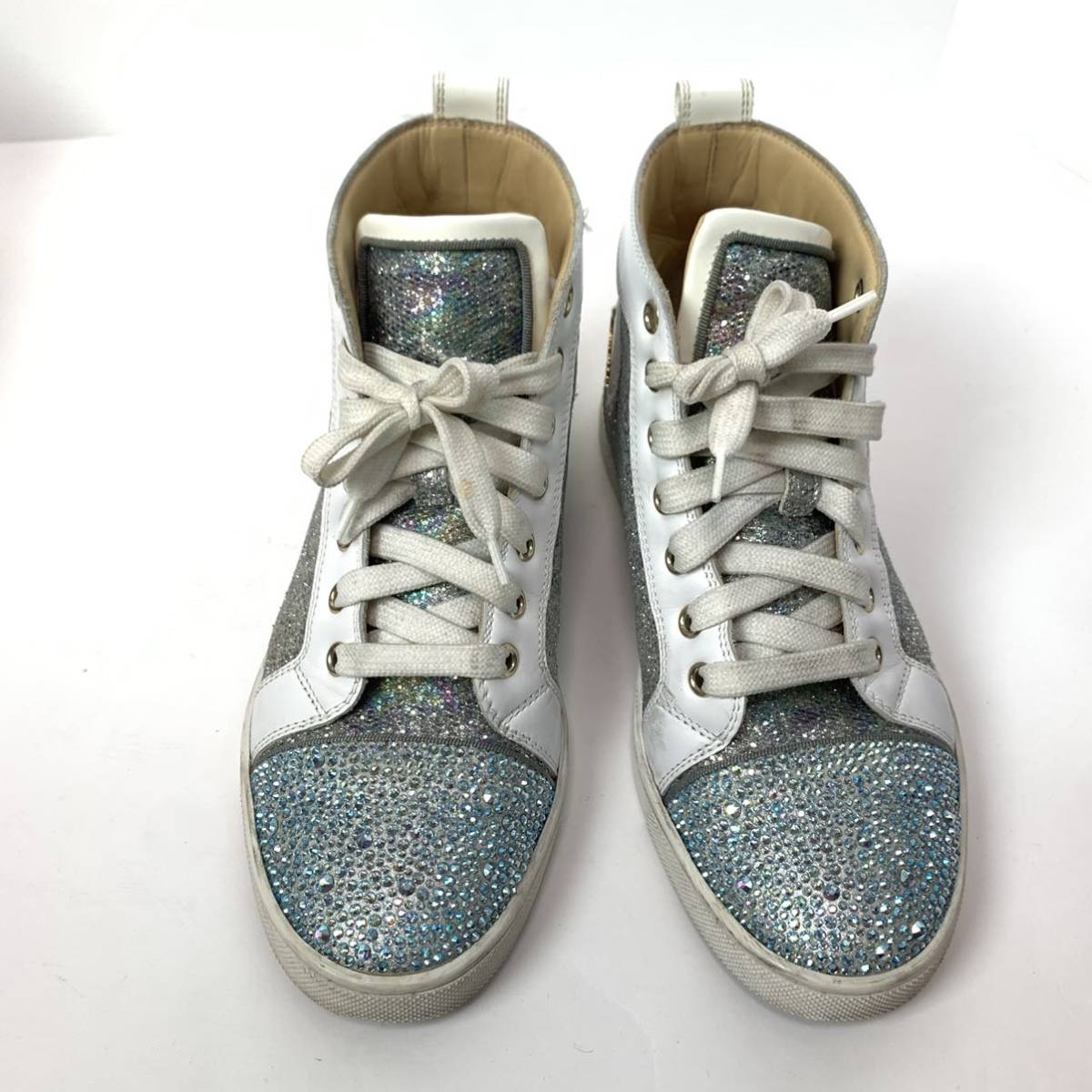 n74 Christian Louboutin クリスチャン ルブタン ハイカットスニーカー ブルー ラインストーン シルバー ラメ レザー シューズ 36 正規品 Christian Louboutin - Young! クリスチャン・ルブタン 三越