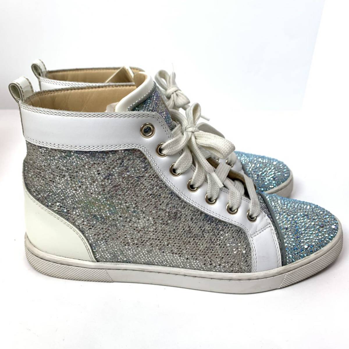 n74 Christian Louboutin クリスチャン ルブタン ハイカットスニーカー ブルー ラインストーン シルバー ラメ レザー シューズ 36 正規品 Christian Louboutin - Young! クリスチャン・ルブタン 三越