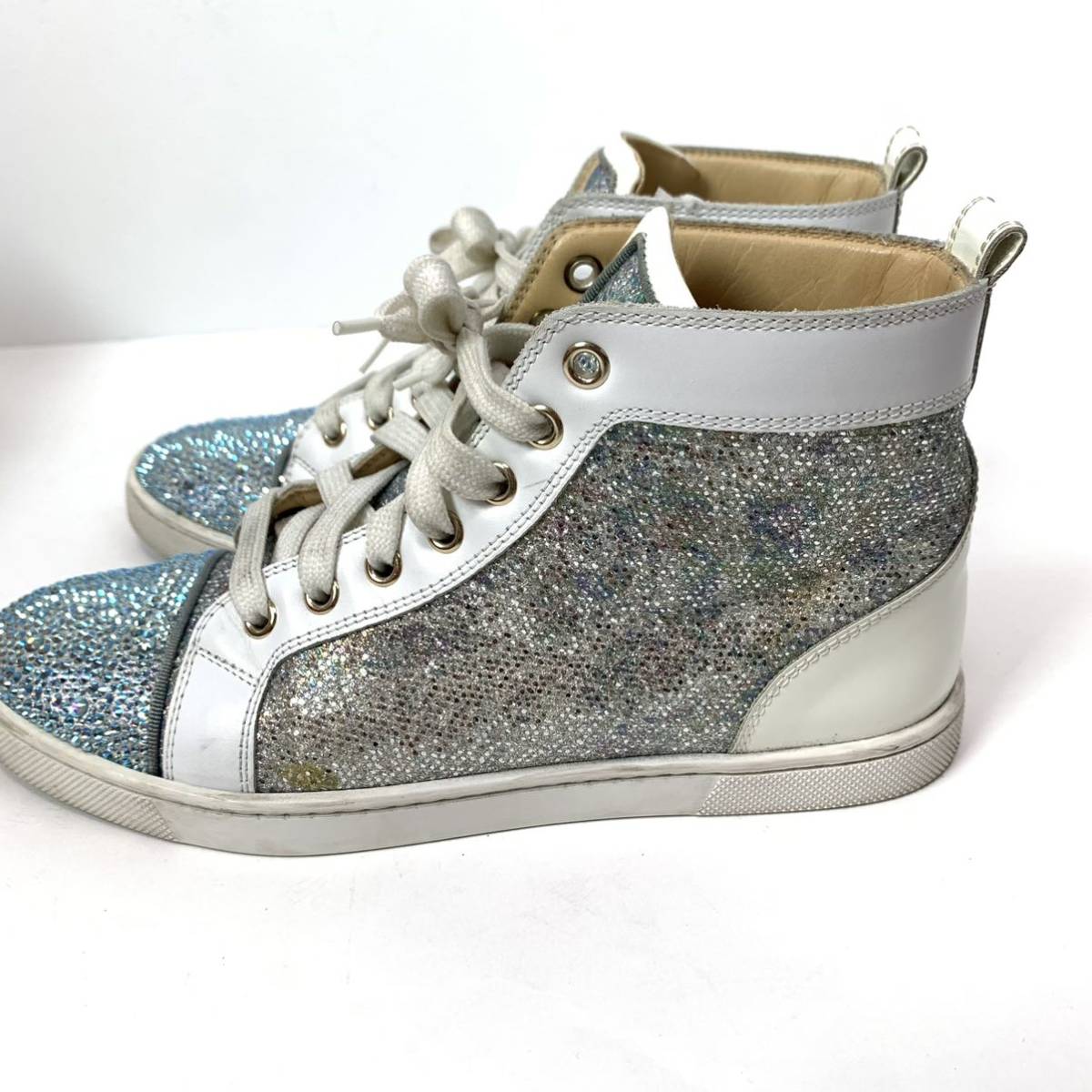 n74 Christian Louboutin クリスチャン ルブタン ハイカットスニーカー ブルー ラインストーン シルバー ラメ レザー シューズ 36 正規品 Christian Louboutin - Young! クリスチャン・ルブタン 三越
