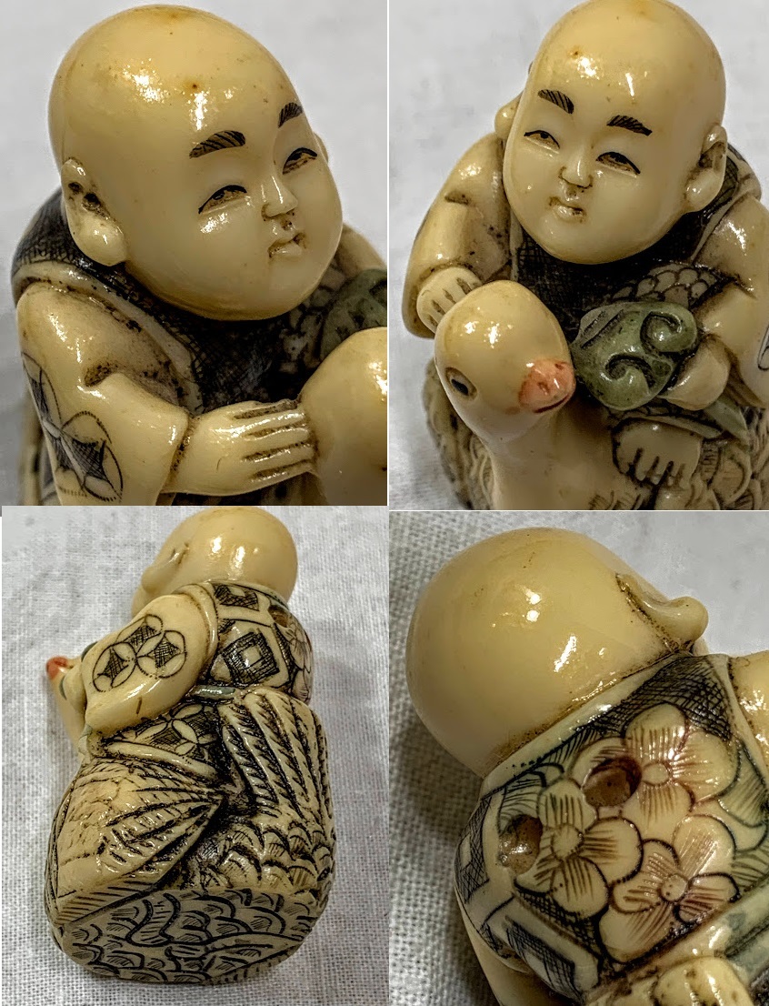 時代物 根付師 雅俊 在銘 象牙風 彫刻 細密細工 居眠り/騎鶴お坊さん 2