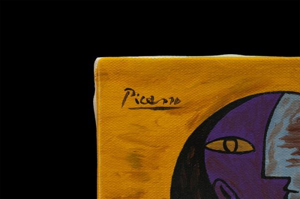 ピカソ 油絵 手描き 椅子に座る女 表サイン 画廊取扱シール F4号 額無