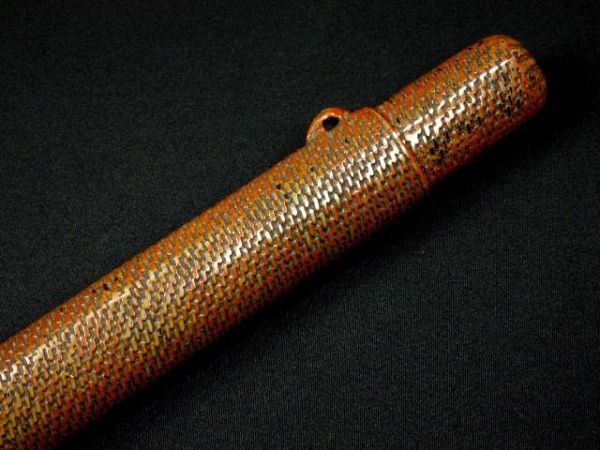 □時代物 煙管筒 網代編み漆塗り固め、 検索 提げ物 緒締め 緒締め玉
