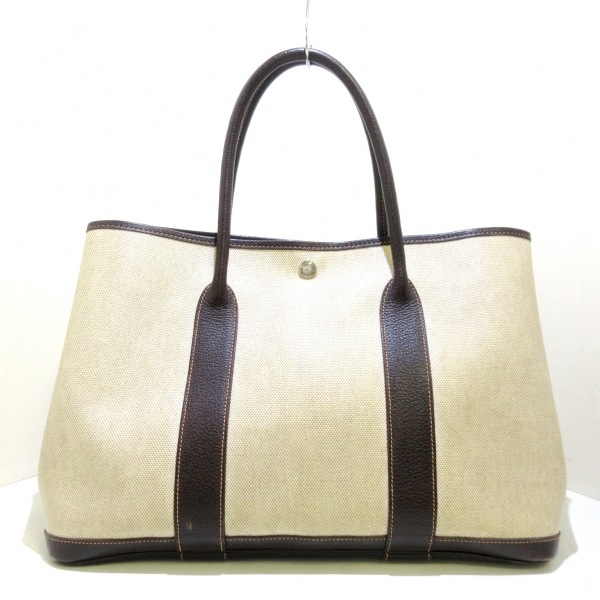 エルメス HERMES トートバッグ ガーデンパーティPM トワルアッシュ×レザー アイボリー×ダークブラウン シルバー金具 □F バッグ エルメス トートバッグ ガーデンパーティPM HERMESトートバッグ ☆本日限定！☆HERMES ネイビー&frasl;ブラック