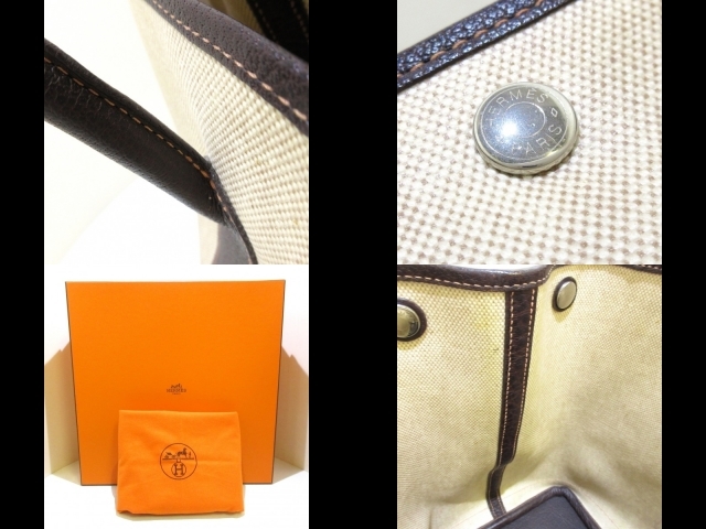 エルメス HERMES トートバッグ ガーデンパーティPM トワルアッシュ×レザー アイボリー×ダークブラウン シルバー金具 □F バッグ エルメス トートバッグ ガーデンパーティPM HERMESトートバッグ ☆本日限定！☆HERMES ネイビー&frasl;ブラック