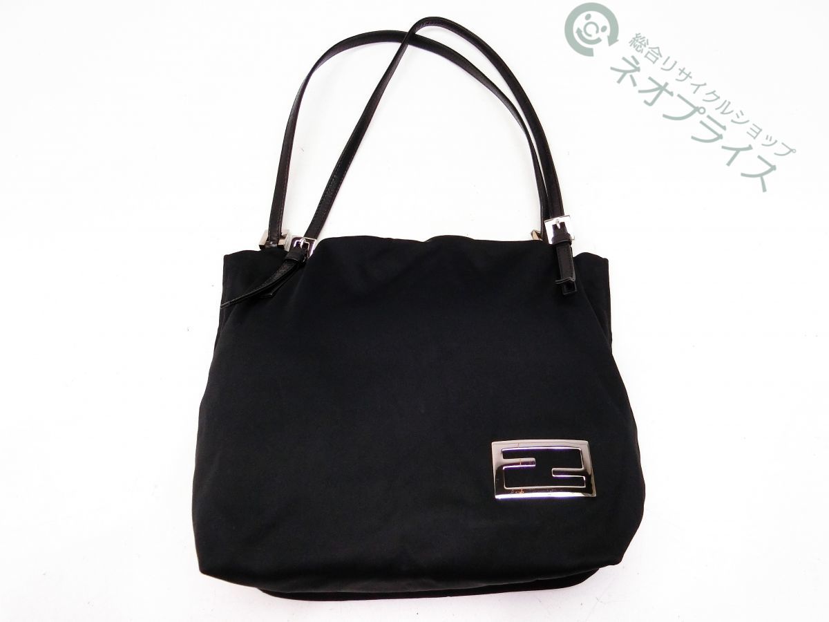 ◆Y6506 FENDI フェンディ ロゴ金具 ナイロン レザー 黒 ハンド バッグ 良品