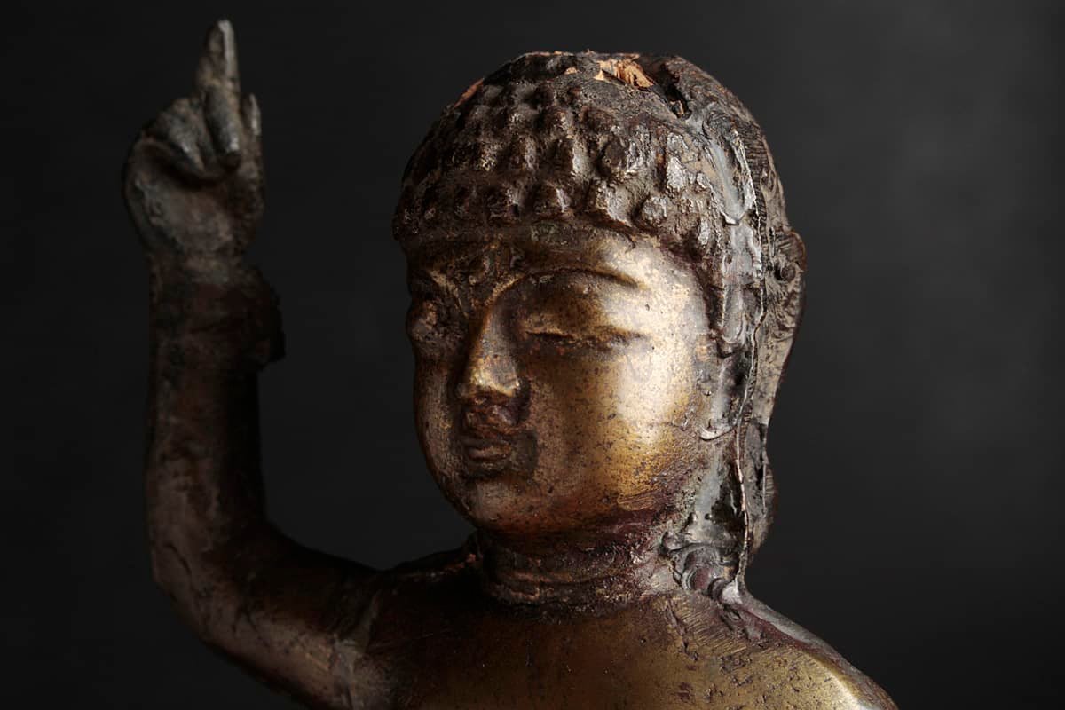 HT821 時代物 銅製 誕生釈迦仏立像 高24.6cm 重1.1kg・銅造誕生