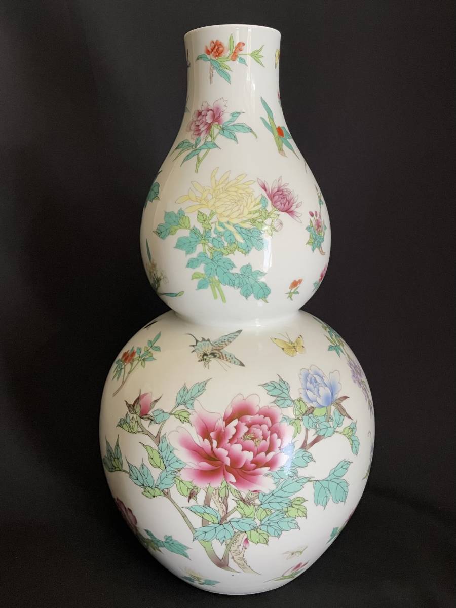 逸品 粉彩草虫花蝶紋葫蘆瓶 花台付き 中国景徳鎮 瓢箪