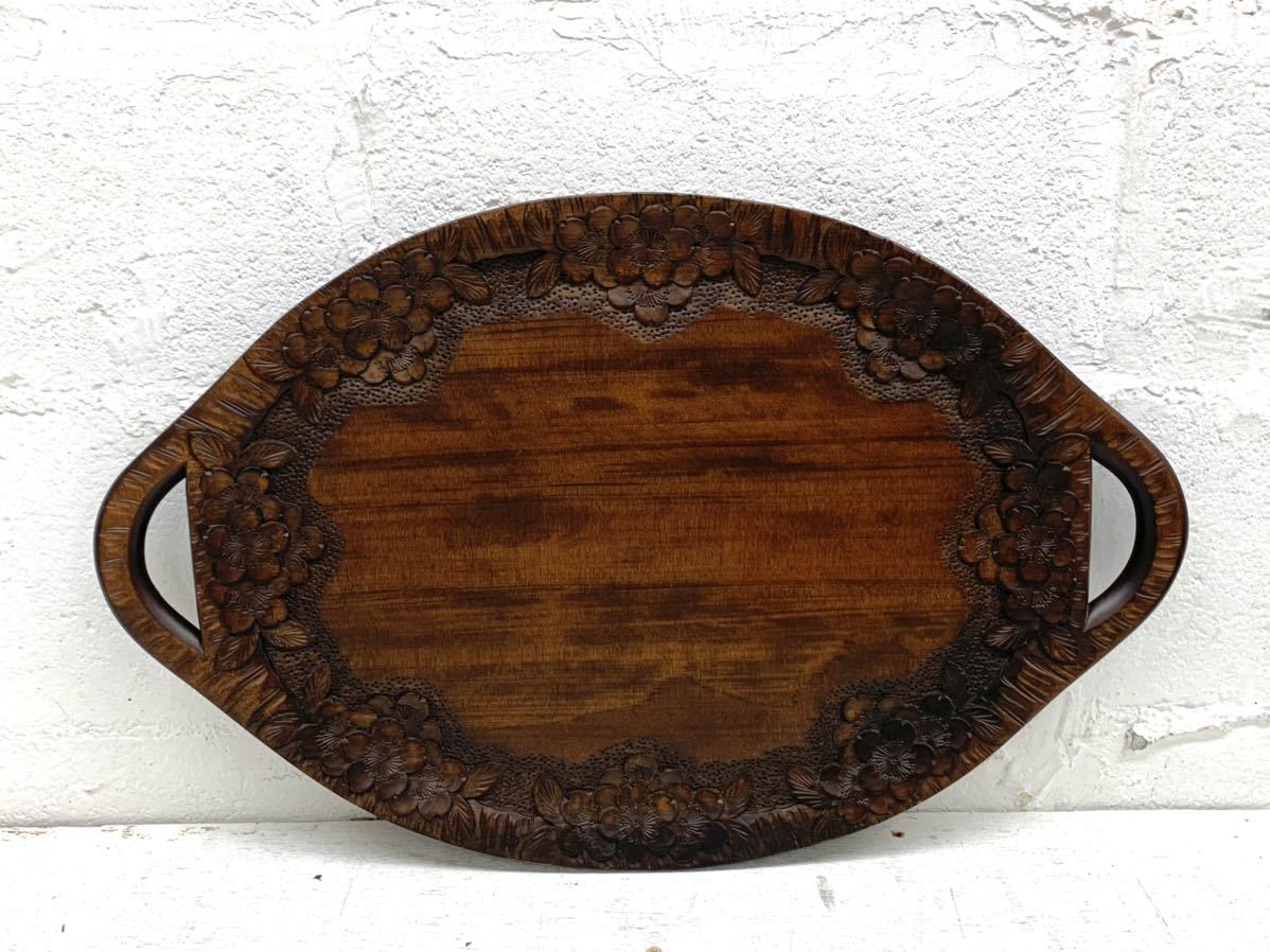 軽井沢彫 楕円のお盆 手つき 桜の縁 0903-16y☆美品 軽井沢彫 さくら柄 桜 お盆 楕円 昭和レトロ デザイン 59